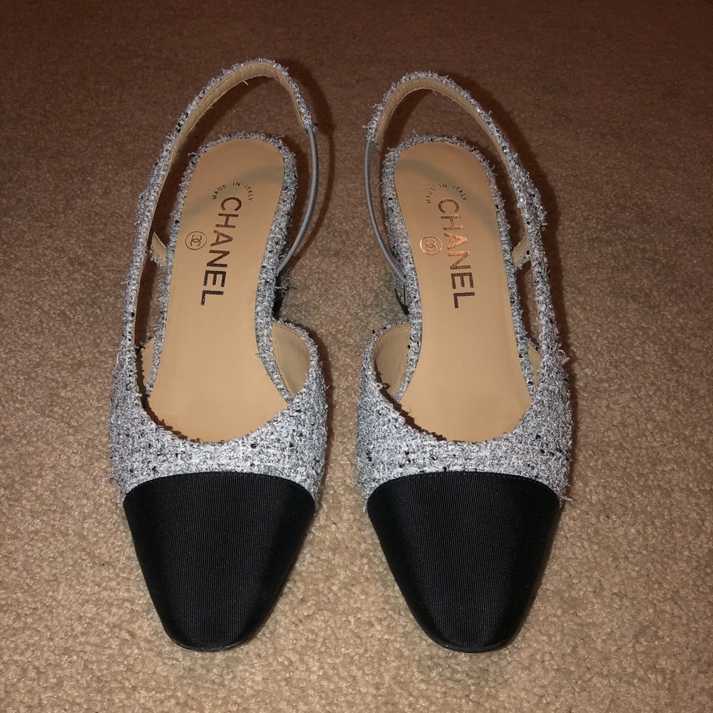 Chanel Grey Tweed Slingbacks